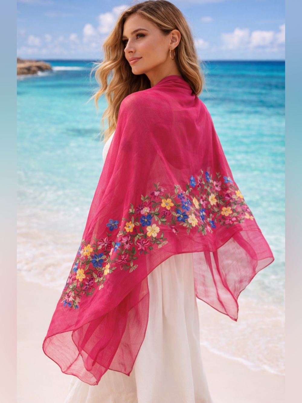 🌺100% Silk Scarf Chic Jacquard Embroidered Floral Appliqué Boho Luxe Wrap Shawl